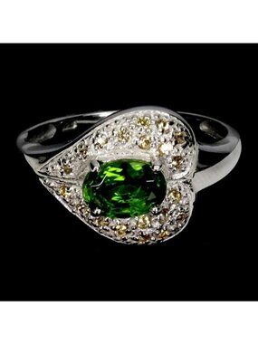 925 Sterling Silver Ring Sz 6.75 with Natural Chrome Diopside & Yellow Sapphire
